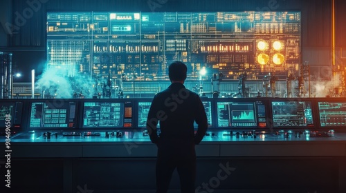 Silhouette of a Person in a Futuristic Control Room