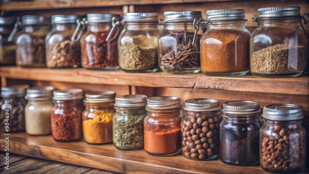 Glass jars containing spices and herbs on a wooden shelf Glass jars containing spices and herbs on a wooden shelf