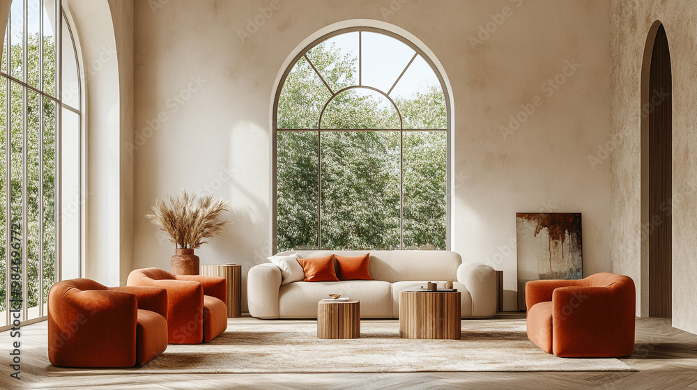 modern living room with white sofa and orange pillows, big round window background, A minimalist modern living room with arched windows, modern living room with white sofa and orange pillows, big round window background, A minimalist modern living room with arched windows,
