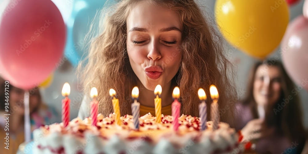 A person blowing out birthday candles on a cake.