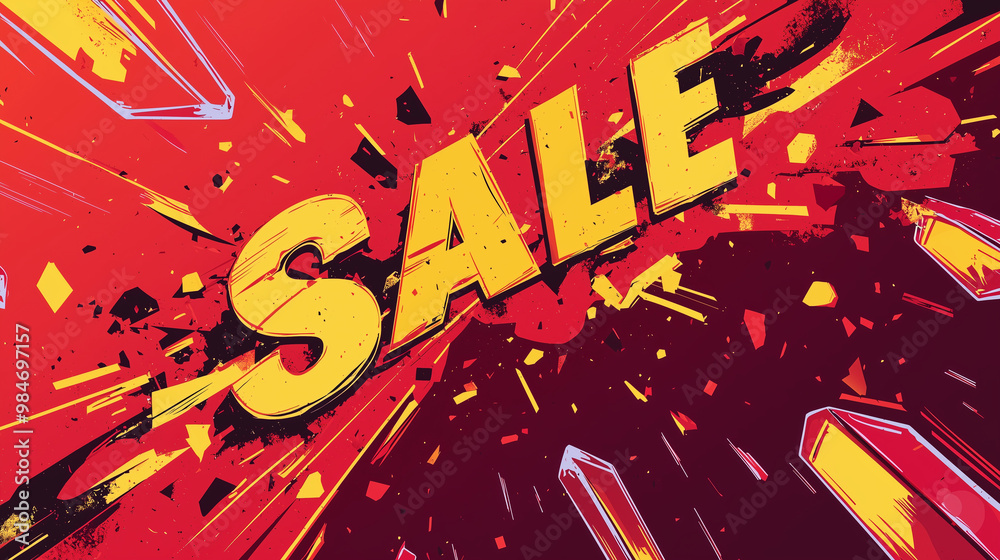 Explosion of red and yellow sale banners with broken glass shards flying through the air Explosion of red and yellow sale banners with broken glass shards flying through the air