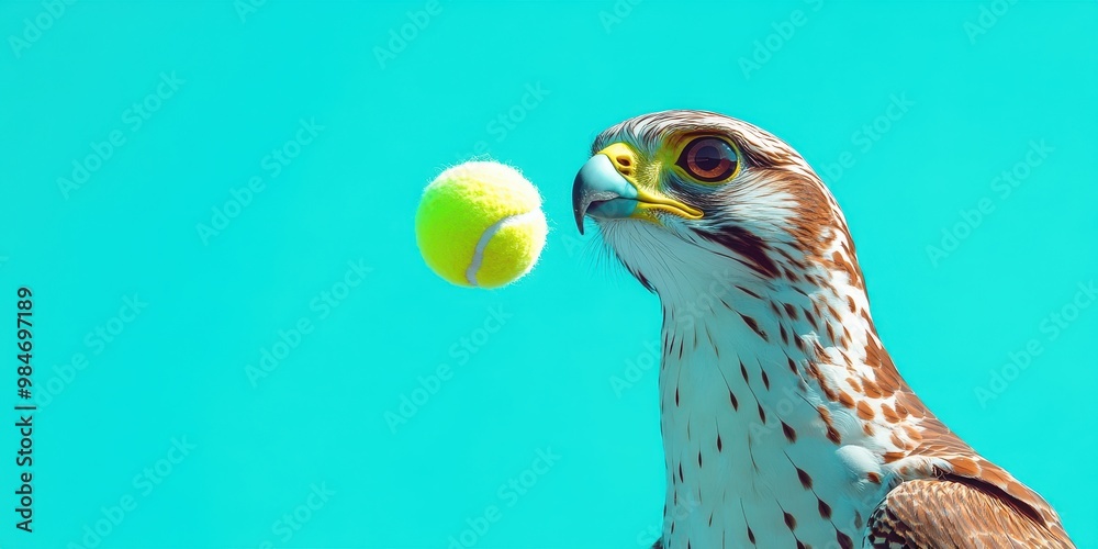 Obraz premium Eagle Gazing at Yellow Tennis Ball in Bright Blue Background