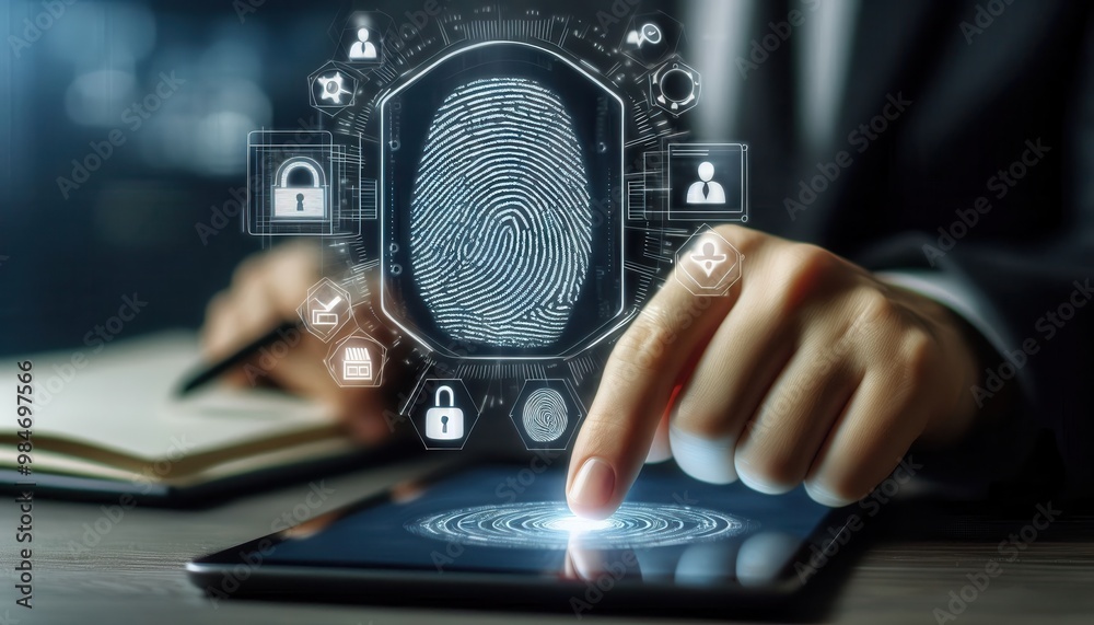Hand touching a tablet screen with a glowing fingerprint and digital ...