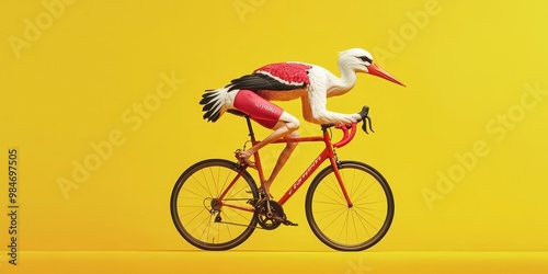 Bird Riding Bicycle in Colorful Yellow Background photo