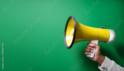 Une main tenant un mégaphone annonce des soldes et des remises, sur un fond vif