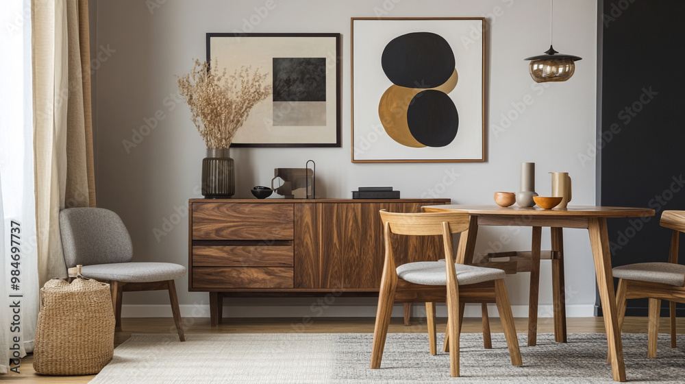 Obraz premium The image depicts a minimalist workspace featuring a wooden desk with tapered legs, Interior of modern dining room with sea view.