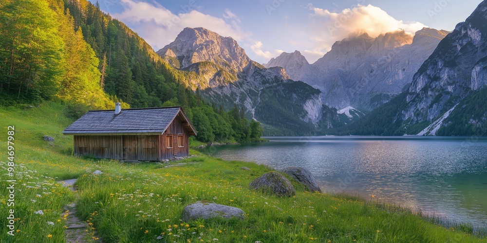 Fototapeta premium A small cabin is nestled in a lush green field next to a lake. The cabin is surrounded by trees and the lake is calm and serene. Concept of peace and tranquility