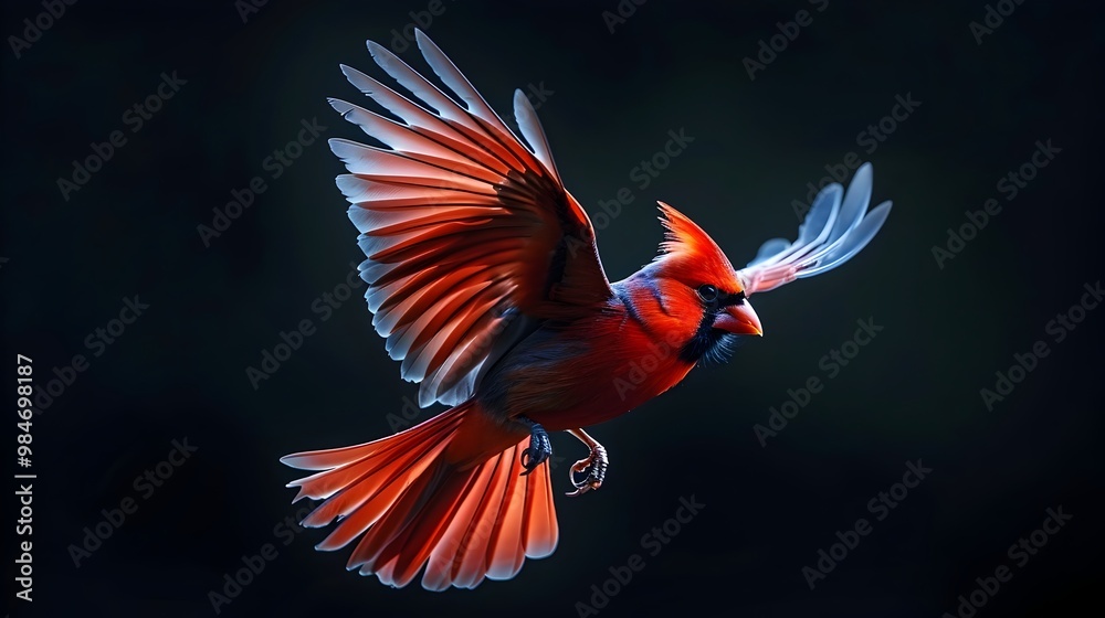 Vibrant Neon Red Cardinal Bird in Mid Flight Against Dark Background Vibrant Neon Red Cardinal Bird in Mid Flight Against Dark Background