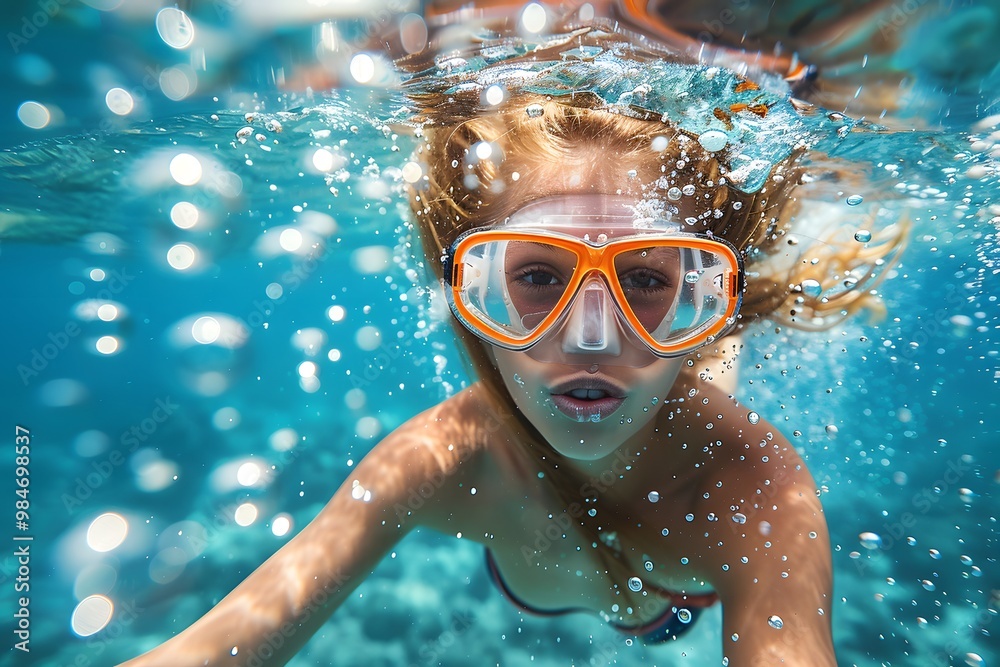 Naklejka premium Underwater Adventure: A Young Swimmer Exploring the Ocean Depths