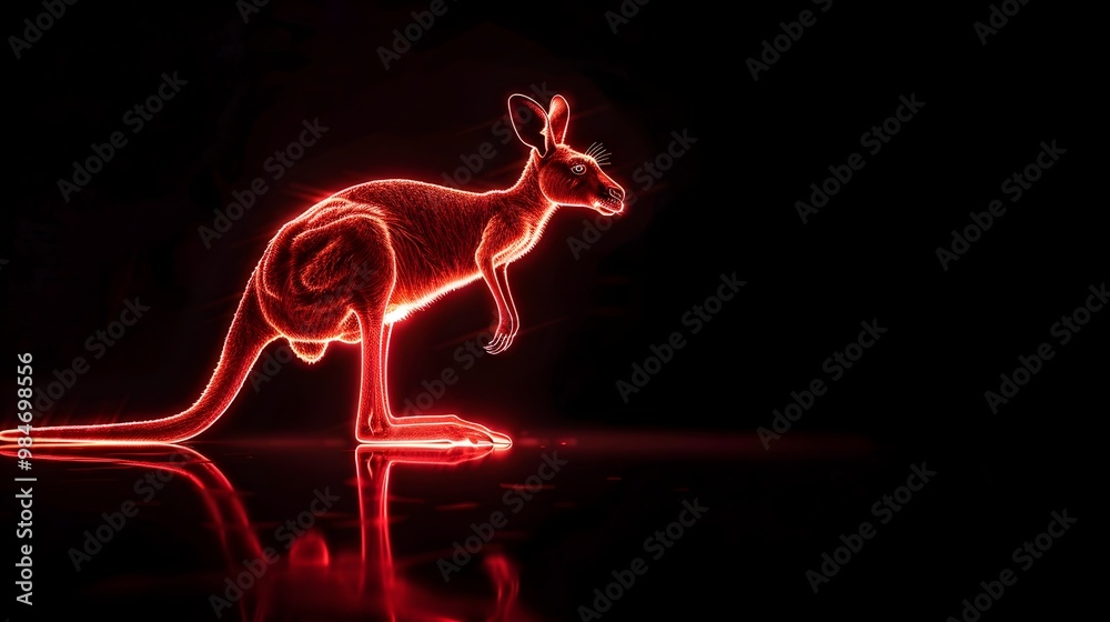Fototapeta premium Neon Red Kangaroo Hopping Dynamically Against Black Background