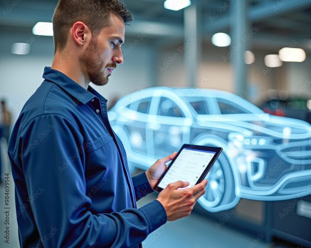 a mechanical engineer with a tablet in his hands diagnoses and constructs a hologram of an electric car in a workshop laboratory a mechanical engineer with a tablet in his hands diagnoses and constructs a hologram of an electric car in a workshop laboratory