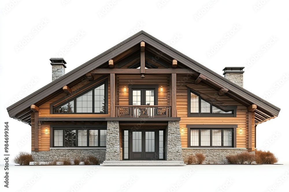 luxury classic light brown chalet house with classic garden lamp isolated on white background luxury classic light brown chalet house with classic garden lamp isolated on white background