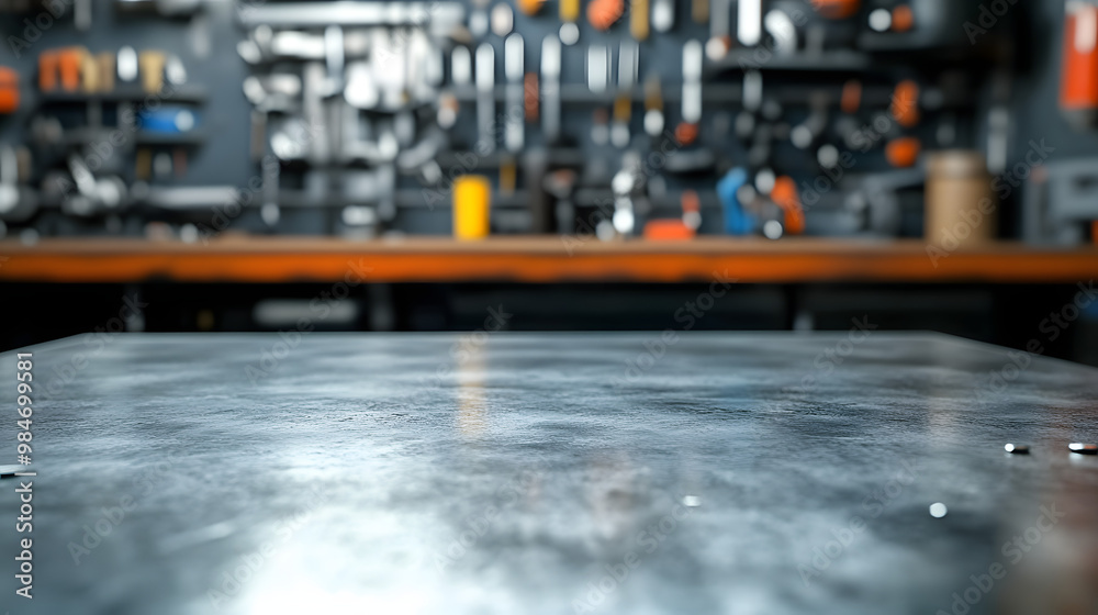 A blank metal tabletop with blurred automotive tools and parts in the background. A blank metal tabletop with blurred automotive tools and parts in the background.