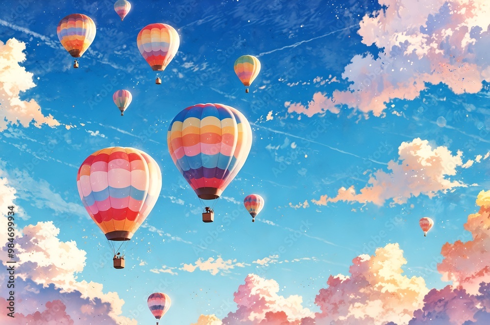 Naklejka premium A scenic and dreamy depiction of colorful hot air balloons floating in a bright blue sky filled with fluffy pink clouds, evoking a sense of adventure and freedom.
