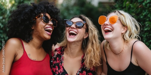 Four women wearing sunglasses and smiling brightly.