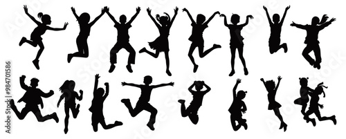  Collection of vector silhouettes of jumping boys and girls, group of teenage children, energetic youth in action, playful teens leaping, dynamic adolescent jumpers, vibrant youth silhouettes,