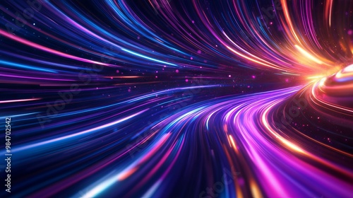 A vibrant background with colorful beams of light. Neon lines swirl in shades of purple, violet, and blue.