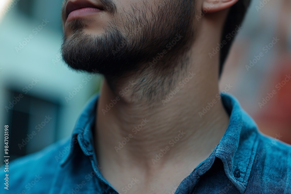 Fototapeta premium Portrait of a man with a beard wearing a denim shirt, focusing on the texture and details of both hair and fabric.