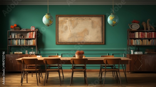 Classroom with green chalkboard.