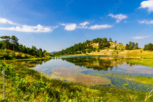 A picturesque summer landscape.  A small mountain lake surrounded by lush vegetation. Korca region, Albania photo