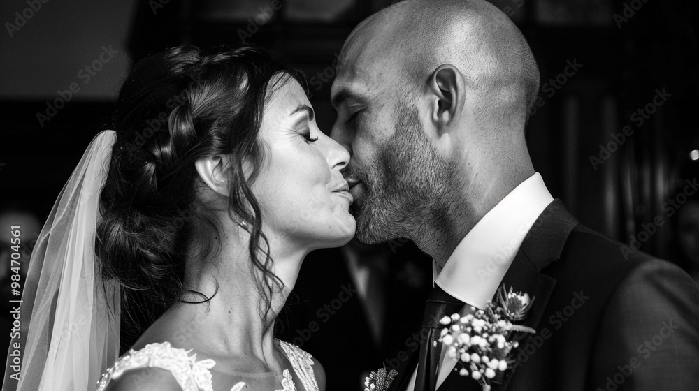 The groom lovingly kisses his bride after their wedding ceremony. The groom lovingly kisses his bride after their wedding ceremony.
