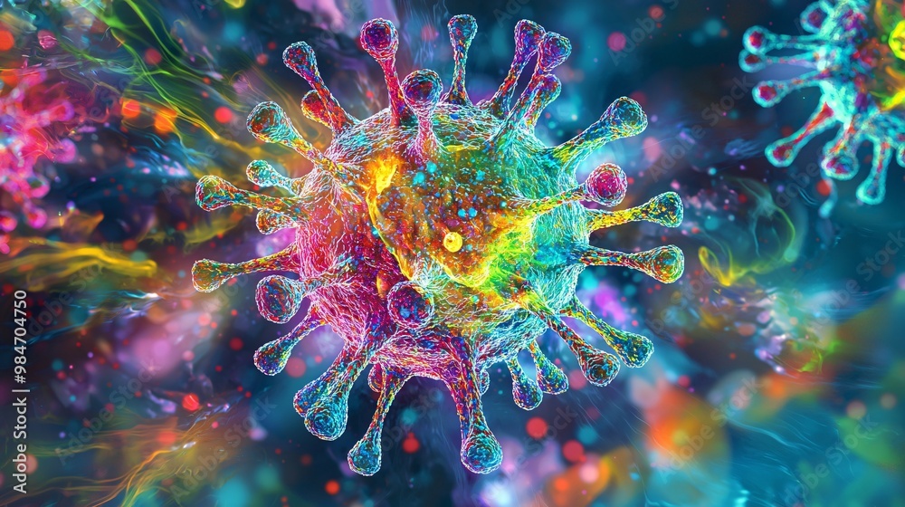 Detailed illustration of a virus budding from a host cell, showing envelope formation. Bright colors on a dark background. Detailed illustration of a virus budding from a host cell, showing envelope formation. Bright colors on a dark background.