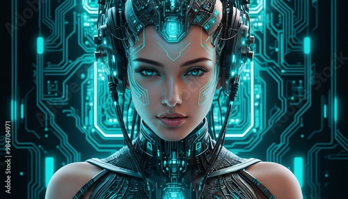 Futuristic Cyber Woman with Glowing Circuitry. A striking futuristic woman with glowing neon blue circuits integrated into her skin and outfit, set in a high-tech sci-fi environment. Technology photo