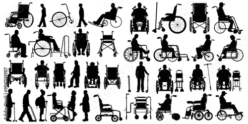 Mobility aids vector silhouettes collection for elderly and disabled people, Senior pensioner walking with aids vector silhouette, assistive devices for seniors, elderly mobility support solutions, photo