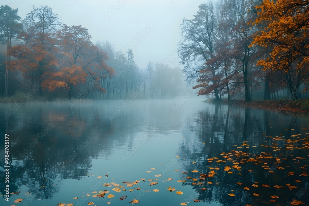 Naklejka premium Tranquil Autumn Reflections in a Misty Lake