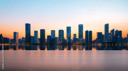 City skyline at dusk with glowing skyscrapers reflecting on a calm river, urban glowtime, serene and modern