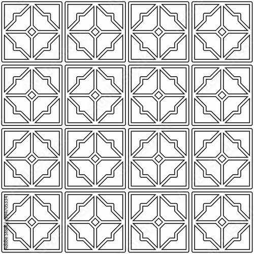 Seamless geometric pattern consisting of black and white lines forming squares arranged regularly and symmetrically. Suitable for various creative projects or decorative elements.