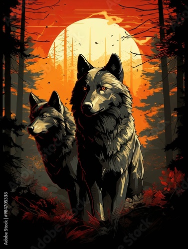 Two Wolves Standing in a Forest with a Sunset in the Background