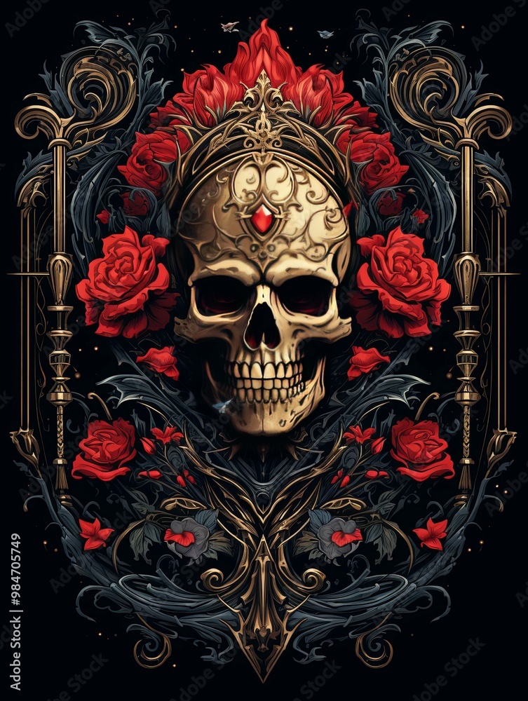 Ornate Skull Adorned with Roses and a Golden Crown Ornate Skull Adorned with Roses and a Golden Crown