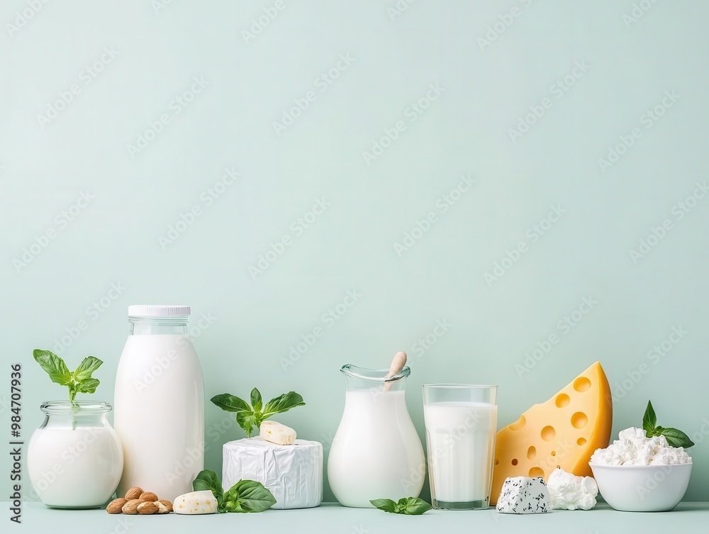 Fresh dairy products booth, milk, yogurt, and cheese, flat design illustration Fresh dairy products booth, milk, yogurt, and cheese, flat design illustration
