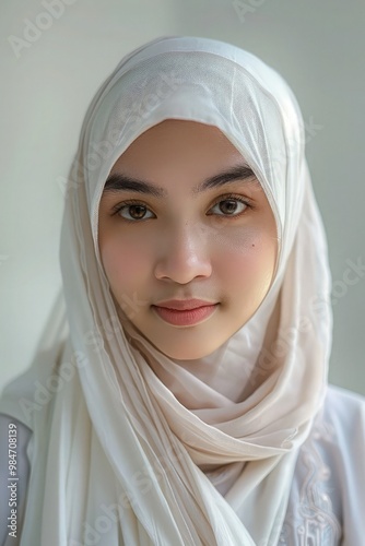 Beautiful Asian woman in all white clothes and a veil, smiling sweetly at the camera against a solid white background