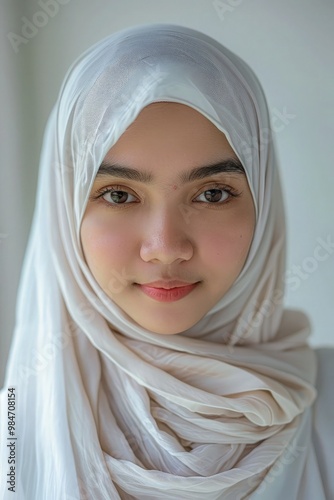 Beautiful Asian woman in all white clothes and a veil, smiling sweetly at the camera against a solid white background