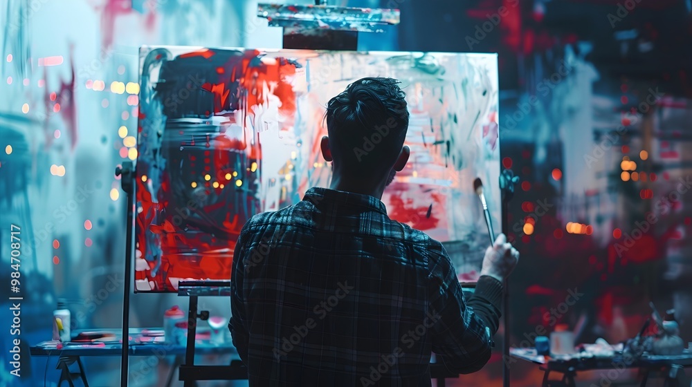 Obraz premium Painting a Digital Masterpiece on Holographic Canvas with Virtual Brushes and Color Palettes