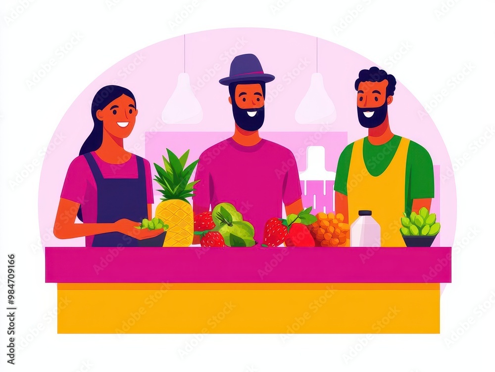 Farmers market fruit tasting, people sampling produce, flat design illustration Farmers market fruit tasting, people sampling produce, flat design illustration