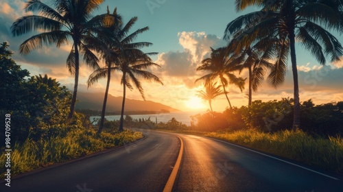 Wallpaper Mural Sunrise over a Hawaiian road with palm trees lining the way Torontodigital.ca