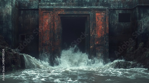 Forgotten Gateway: A Rusty Door Submerged in a Flood