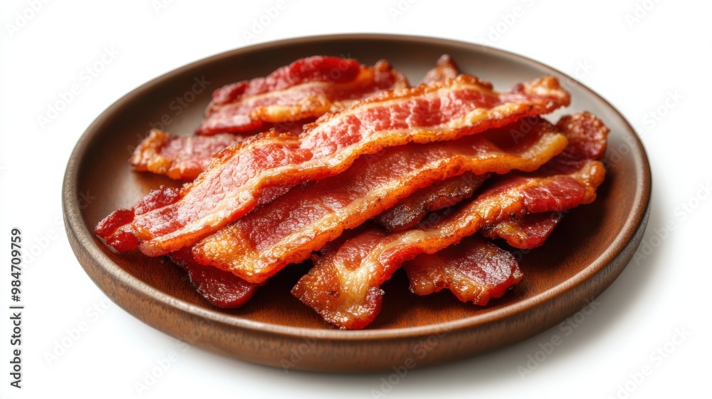 Delicious crispy bacon slices on a brown plate, perfect for breakfast or snacks. Delicious crispy bacon slices on a brown plate, perfect for breakfast or snacks.