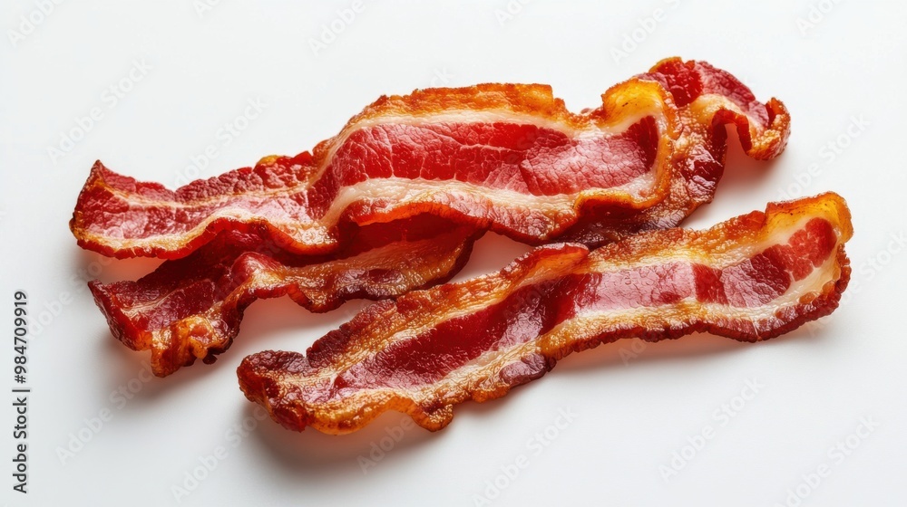 Savory bacon strips arranged on a white background, ideal for culinary themes and food presentations. Savory bacon strips arranged on a white background, ideal for culinary themes and food presentations.