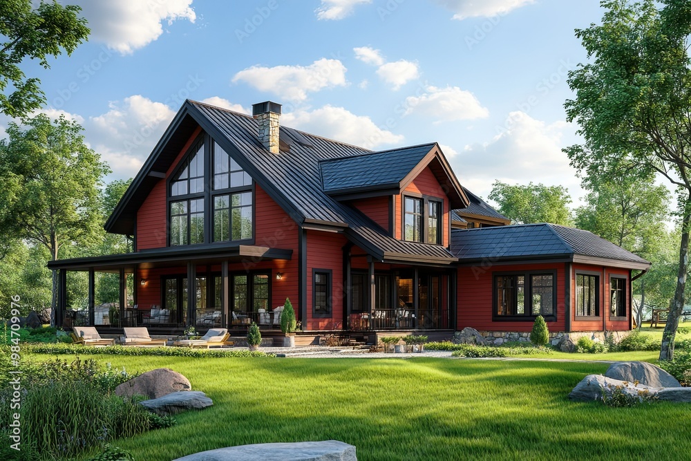 luxury classic dark red chalet house with natural green farm luxury classic dark red chalet house with natural green farm