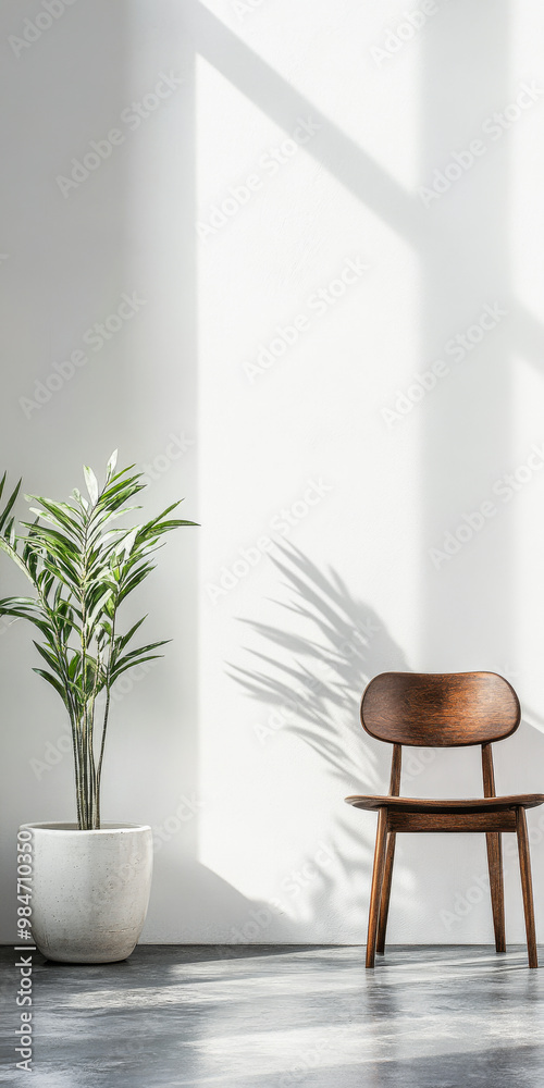 A stylish wooden chair next to a potted plant in a minimalist room with sunlight filtering through the windows
