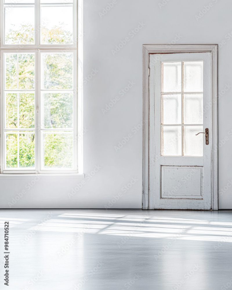 Fototapeta premium Bright and airy room featuring a white door and large windows with natural light filtering in during the day