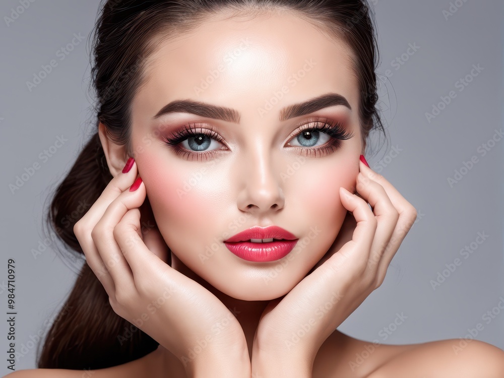 A close-up portrait of a woman with flawless makeup, showcasing beauty and elegance.
