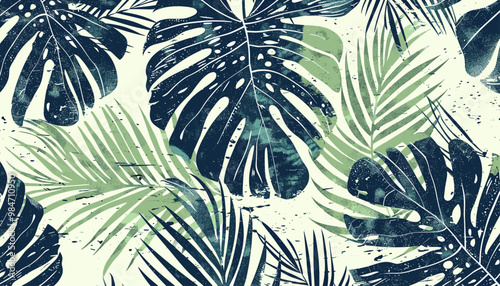 Tropical abstract seamless pattern wallpaper with grunge monstera and palm leaves, vibrant tropical foliage design, exotic plant vector art, botanical wallpaper pattern, jungle leaf backdrop.