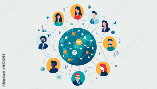 International Teamwork, diverse professionals linked by digital connections on a stylized globe