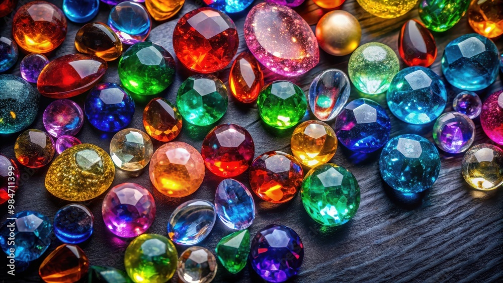 Colorful sparkling glass stones on dark background top view, sparkling, multicolored, large, glass stones Colorful sparkling glass stones on dark background top view, sparkling, multicolored, large, glass stones