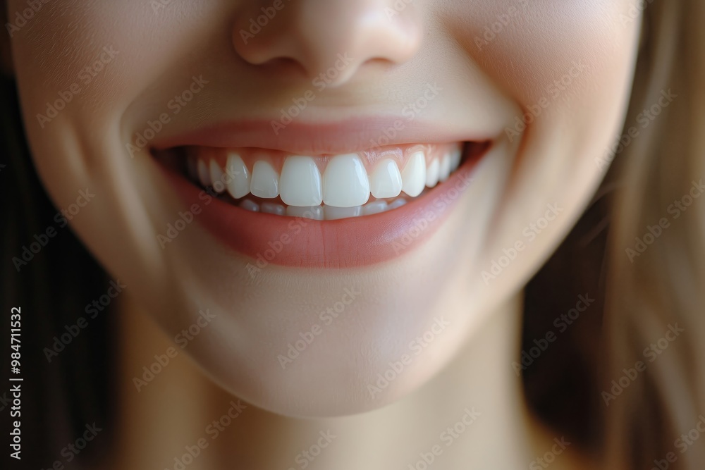Closeup View of Woman's Broad Happy Smile Showing White Teeth and Clear Skin with Space for Text Closeup View of Woman's Broad Happy Smile Showing White Teeth and Clear Skin with Space for Text